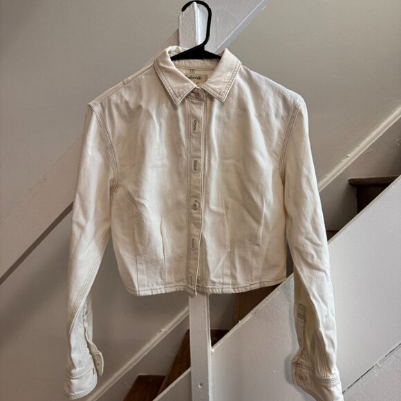 Madewell Off White Denim Pleated Cropped Button-Up Shirt XXS - Picture 2 of 4